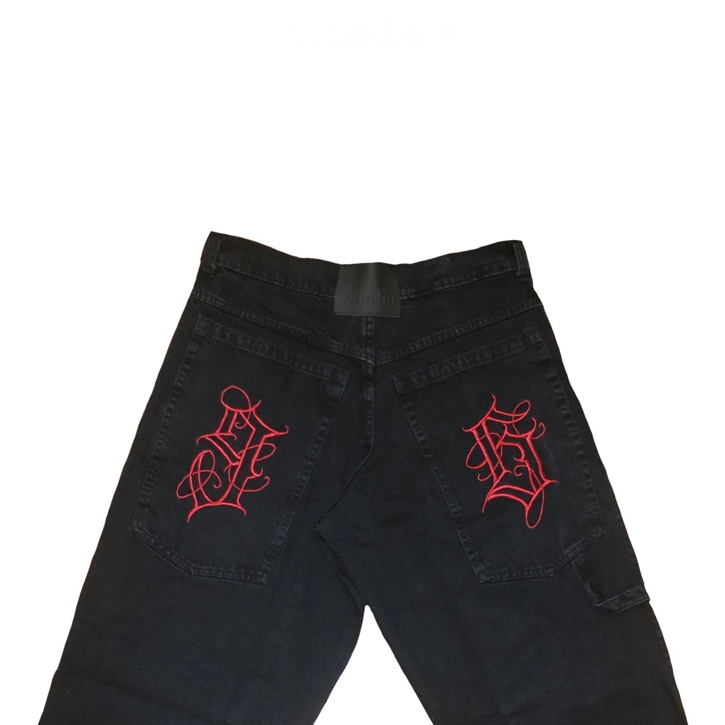 Red Embroidered Black Denim